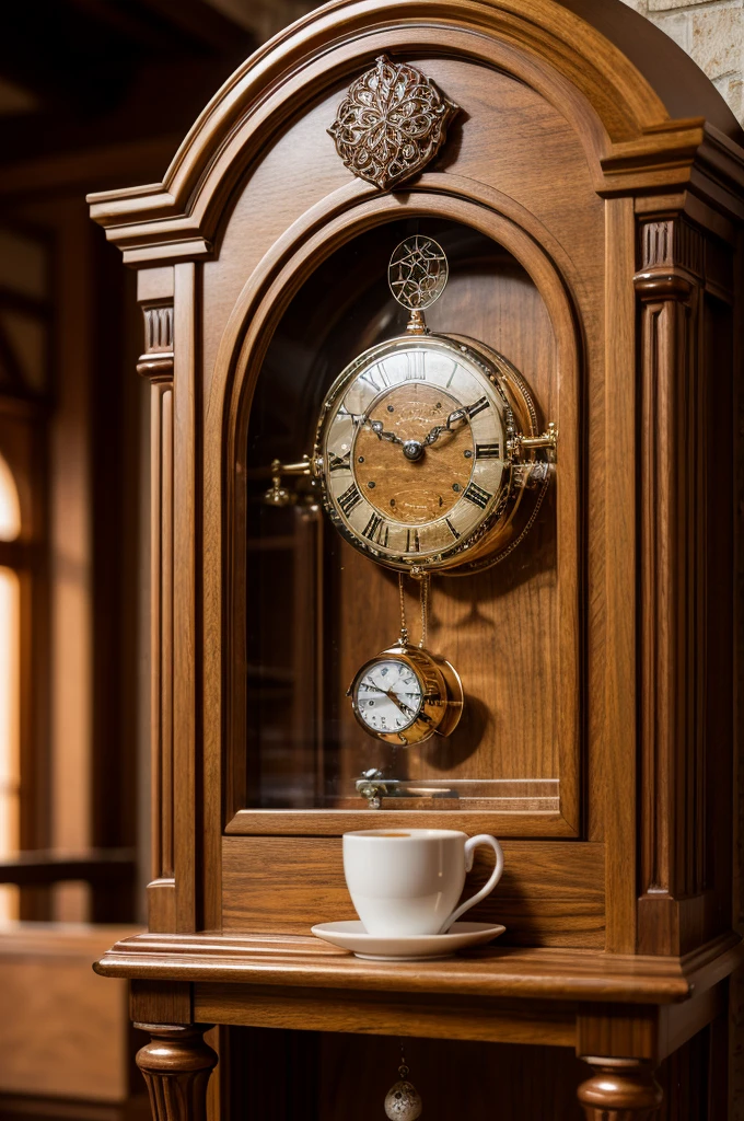 Create a high quality image, extreme details, ultra definition, extreme realism, high quality lighting, 16k UHD, a cuckoo clock marking 5 pm, the cuckoo comes forward with a cup of tea