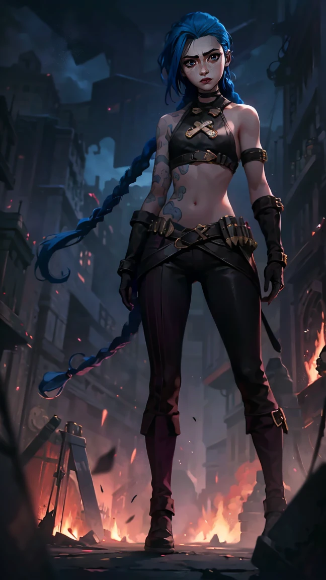 (masterpiece, Best quality), 1 girl, portrait, very sexy, crazy look, smile, crying, pink tears, tears on the cheeks, tears from eyes, full length (full body 1.1.), очень feminine, fighting stance, battle, fire, explosions, burning city, Beautiful waist, gloomy composition, flame, fire, Flash, very beautiful, feminine, long hair, hair braided in long braids, very sexy, tight leather pants, emphasis on the eyes, emphasis on the face, Beautiful face, Hands, Hair, Haired ponytail, red purple eyes, Джинкс crying, Blue cloud tattoo, (masterpiece, Best quality), Side lighting, beautiful detailed eyes, crazy face), (Best quality), (masterpiece), magic photography, Spectacular lighting, Photorealism, ultra detailed, интимная portraitная композиция, 1. 4,8 k UHD, aesthetic, Cd., A high resolution, 8 k, better lighting, Best shade, Ultra-HD, A high resolution, sharp focus, Complex background, Cinematic lighting, ((Landscape view)), 4K block, (better lighting), ((Cinematic lighting)),