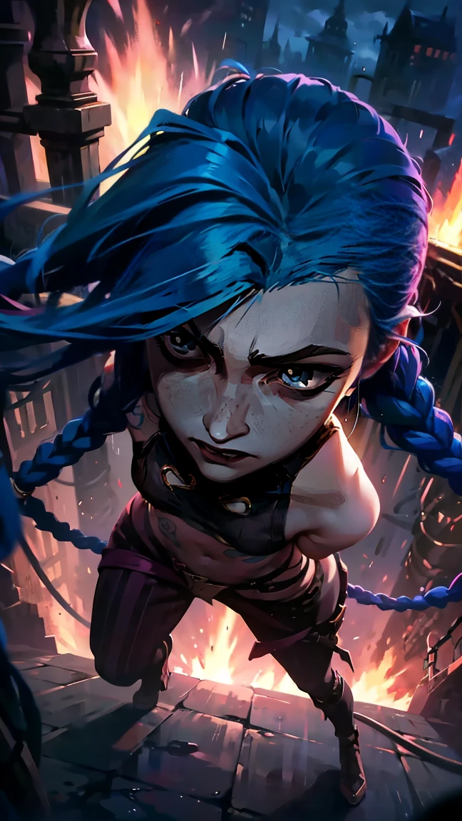 (masterpiece, Best quality), 1 girl, portrait, very sexy, crazy look, smile, crying, pink tears, tears on the cheeks, tears from eyes, full length (full body 1.1.), очень feminine, fighting stance, battle, fire, explosions, burning city, Beautiful waist, gloomy composition, flame, fire, Flash, very beautiful, feminine, long hair, hair braided in long braids, very sexy, tight leather pants, emphasis on the eyes, emphasis on the face, Beautiful face, Hands, Hair, Haired ponytail, red purple eyes, Джинкс crying, Blue cloud tattoo, (masterpiece, Best quality), Side lighting, beautiful detailed eyes, crazy face), (Best quality), (masterpiece), magic photography, Spectacular lighting, Photorealism, ultra detailed, интимная portraitная композиция, 1. 4,8 k UHD, aesthetic, Cd., A high resolution, 8 k, better lighting, Best shade, Ultra-HD, A high resolution, sharp focus, Complex background, Cinematic lighting, ((Landscape view)), 4K block, (better lighting), ((Cinematic lighting)),