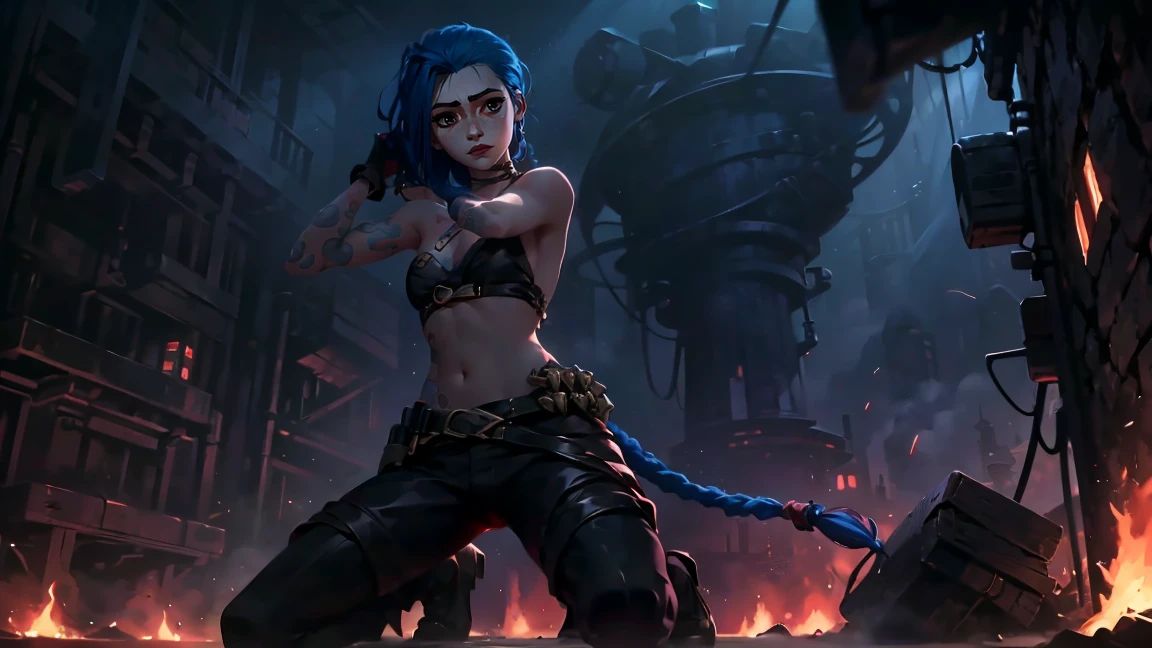 (masterpiece, Best quality), 1 girl, portrait very detailed face,, very sexy, crazy look, smile, crying, pink tears, tears on the cheeks, tears from eyes, full length (full body 1.1.), очень feminine, fighting stance, battle, fire, explosions, burning city, Beautiful waist, gloomy composition, flame, fire, Flash, very beautiful, feminine, long hair, hair braided in long braids, very sexy, tight leather pants, emphasis on the eyes, emphasis on the face, Beautiful face, Hands, Hair, Haired ponytail, red purple eyes, Джинкс crying, Blue cloud tattoo, (masterpiece, Best quality), Side lighting, beautiful detailed eyes, crazy face), (Best quality), (masterpiece), magic photography, Spectacular lighting, Photorealism, ultra detailed, intimate portrait composition, 1. 4,8 k UHD, aesthetic, Cd., A high resolution, 8 k, better lighting, Best shade, Ultra-HD, A high resolution, sharp focus, Complex background, Cinematic lighting, ((Landscape view)), 4K block, (better lighting), ((Cinematic lighting)),