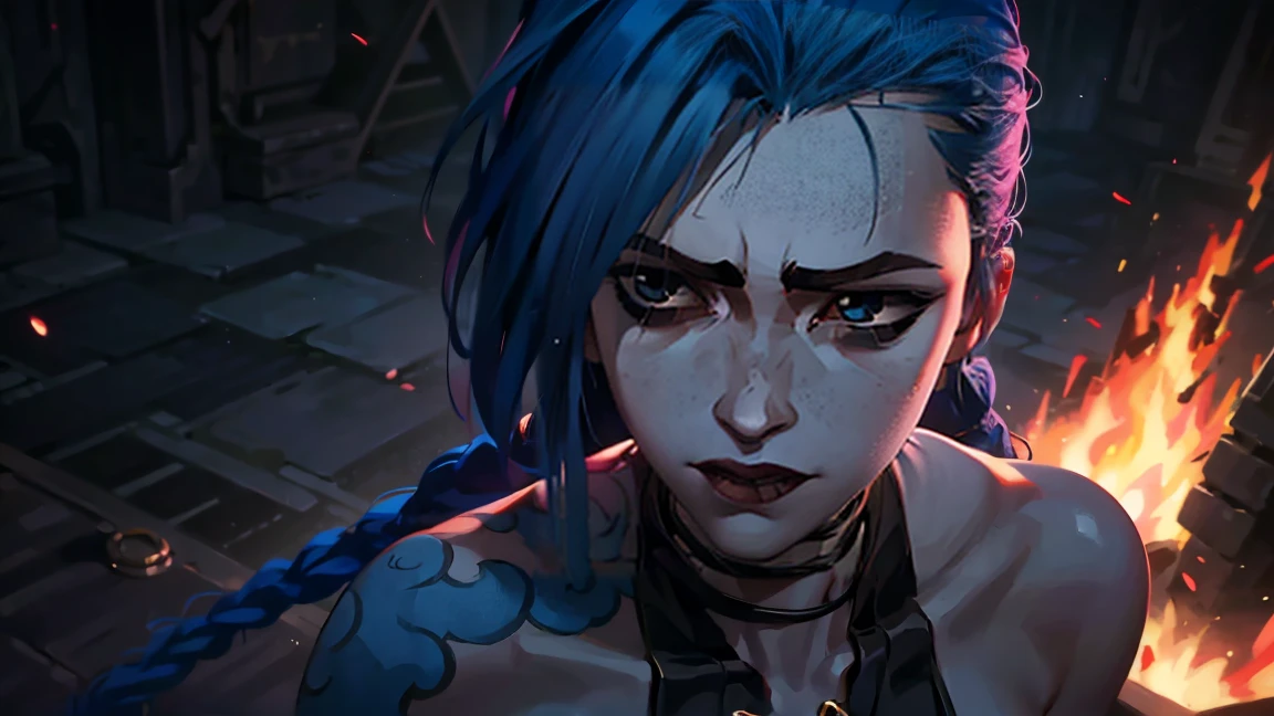 (masterpiece, Best quality), 1 girl, portrait very detailed face,, very sexy, crazy look, smile, crying, pink tears, tears on the cheeks, tears from eyes, full length (full body 1.1.), очень feminine, fighting stance, battle, fire, explosions, burning city, Beautiful waist, gloomy composition, flame, fire, Flash, very beautiful, feminine, long hair, hair braided in long braids, very sexy, tight leather pants, emphasis on the eyes, emphasis on the face, Beautiful face, Hands, Hair, Haired ponytail, red purple eyes, Джинкс crying, Blue cloud tattoo, (masterpiece, Best quality), Side lighting, beautiful detailed eyes, crazy face), (Best quality), (masterpiece), magic photography, Spectacular lighting, Photorealism, ultra detailed, intimate portrait composition, 1. 4,8 k UHD, aesthetic, Cd., A high resolution, 8 k, better lighting, Best shade, Ultra-HD, A high resolution, sharp focus, Complex background, Cinematic lighting, ((Landscape view)), 4K block, (better lighting), ((Cinematic lighting)),