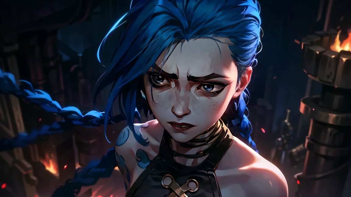 (masterpiece, Best quality), 1 girl, portrait very detailed face,, very sexy, crazy look, smile, crying, pink tears, tears on the cheeks, tears from eyes, full length (full body 1.1.), очень feminine, fighting stance, battle, fire, explosions, burning city, Beautiful waist, gloomy composition, flame, fire, Flash, very beautiful, feminine, long hair, hair braided in long braids, very sexy, tight leather pants, emphasis on the eyes, emphasis on the face, Beautiful face, Hands, Hair, Haired ponytail, red purple eyes, Джинкс crying, Blue cloud tattoo, (masterpiece, Best quality), Side lighting, beautiful detailed eyes, crazy face), (Best quality), (masterpiece), magic photography, Spectacular lighting, Photorealism, ultra detailed, intimate portrait composition, 1. 4,8 k UHD, aesthetic, Cd., A high resolution, 8 k, better lighting, Best shade, Ultra-HD, A high resolution, sharp focus, Complex background, Cinematic lighting, ((Landscape view)), 4K block, (better lighting), ((Cinematic lighting)),