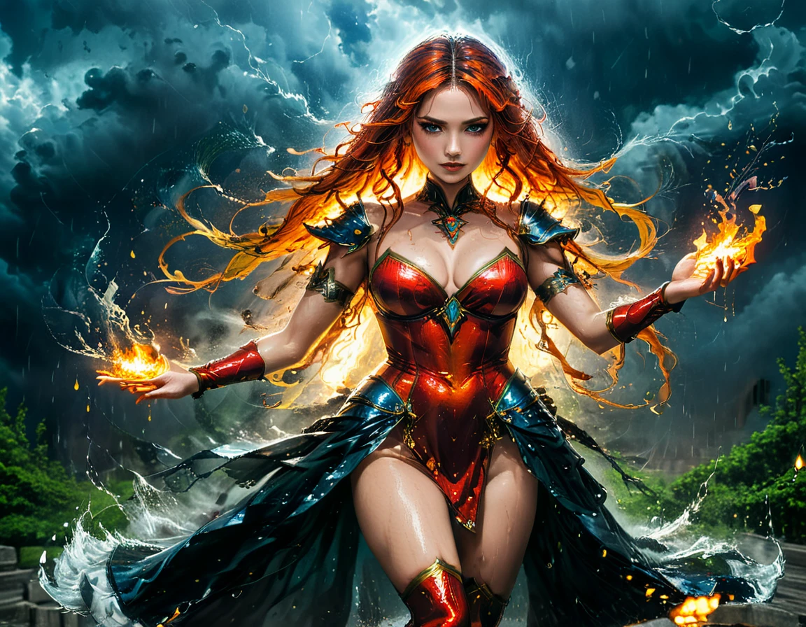 a sorceress of fire making fire dance in a the (storm of rain: 1.3), a most exquisite beautiful sorceress, controlling fire manipulating fire, a woman, dynamic hair color, dynamic hair style, (most beautiful face: 1.3), (ultra detailed face: 1.2), wet hair, wet face, dynamic eyes color, full body shot, wearing dress made of fire, wearing intricate high heels, light make up, dancing in courtyard of a fantasy castle background, ((heavy rain drops: 1.1)), clouds in the sky, (anatomically correct: 1.4), (full body shot: 1.1) , vibrant, Ultra-high resolution, High Contrast, (masterpiece:1.5), highest quality, Best aesthetics), best details, best quality, highres, ultra wide angle, 16k, [ultra detailed], masterpiece, best quality, (extremely detailed),DARK, chumbasket art style