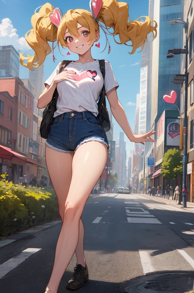 masterpiece, best quality, absurdres, perfect anatomy, 1girl, solo, CurePeach, long hair, blonde hair, earrings, heart hair ornament, t-shirt, denim shorts, city scene, smile,