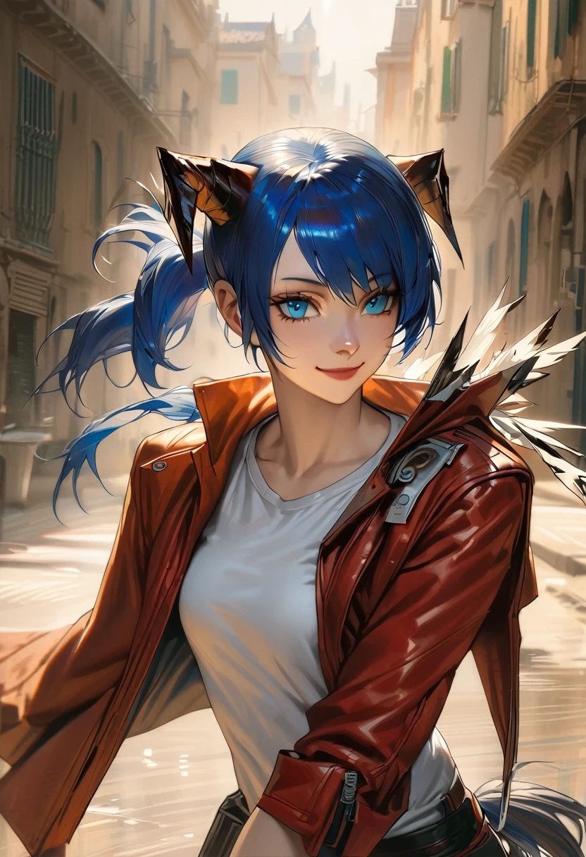 (woman), ((Mostima from arknights)), masterpiece, best quality, blue hair, ((short hair)), ((pony tail hair)), horns, plain white shirt, ((trigun)) red fullbody coat, dark blue eyes, realistic anime style, smile, portrait, black gloves, orange glasses.