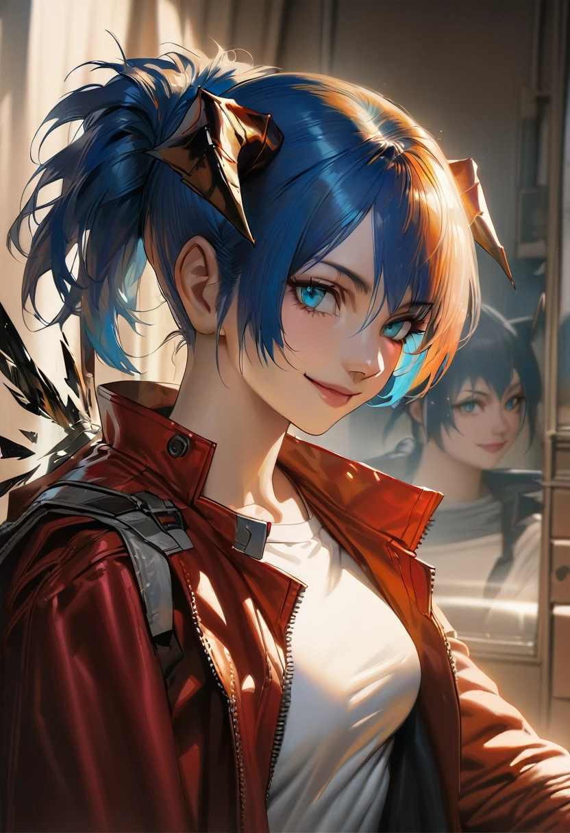 (woman), ((Mostima from arknights)), masterpiece, best quality, blue hair, ((short hair)), ((pony tail hair)), horns, plain white shirt, ((trigun)) red fullbody coat, dark blue eyes, realistic anime style, smile, portrait, black gloves, orange glasses.