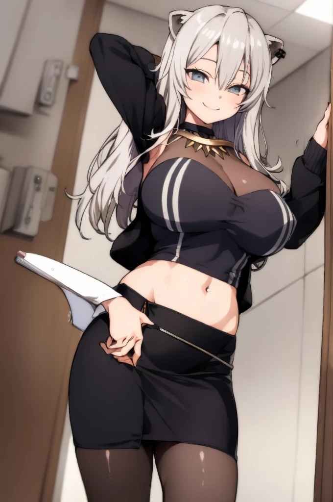 1girl, solo,indoor, huge breasts, smile, Botan, BotanOutfit, , jacket, long hair ,pencil skirt,pantyhose,looking viewer,navel,armpit,standing