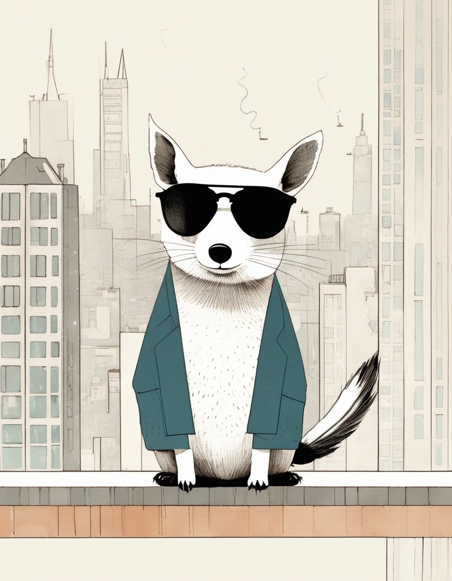 animal-like , sweet,very cute,art by Sophie Roach , art by Jon Klassen , art by Michael Cho , art by Sophie Roach、sunglasses,campimg,smoking,city
