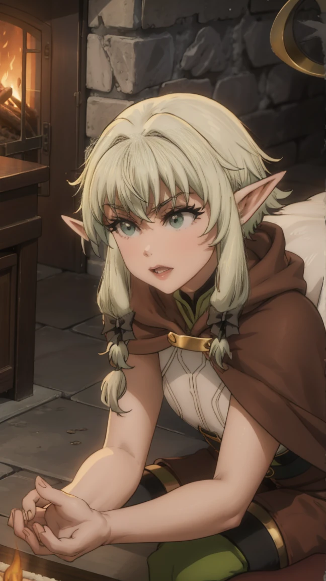 1 girl,20 years, Portrait of a girl, emphasis on the face, One,happy face, nature, POV above her, looks at her, night, kneeling, sticks out tongue, eyes look at nose, the forest, Beautiful elastic breasts, archery, holding a bow and arrow in his hands, green cloak and hood, elf archer from Goblin Slayer, White hair, sexy figure, very beautiful, erotica, long hair,yellow eyes,Elf Ears, black small horns,white tights,Detailed long boots,golden tiara,Luxurious gold jewelry,(((lying by the fire))) nature, open field, night,