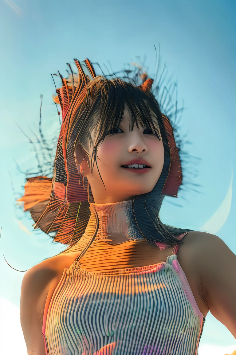 (Beach Summer), (sunrise), ((Consider your audience)),(hole body into the camera),(Stand), highest quality, Photo real, ​masterpiece, a girl, High school for girls, , , (hole body), (Body of the girl:1.4),(young body),(sweet face and huge breasts), (bangs), (Long hair), (Ultra-transparent swimsuit, rainbow_colour), (The one-piece swimsuit features beautiful embroidery.),,Deep V-Neck,), sweet smile,