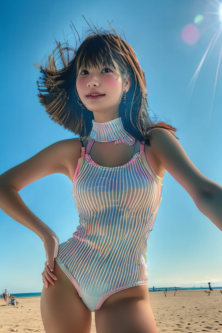 (Beach Summer), (sunrise), ((Consider your audience)),(hole body into the camera),(Stand), highest quality, Photo real, masterpiece, a girl, High school for girls, , , (hole body), (Body of the girl:1.4),(young body),(sweet face and huge breasts), (bangs), (Long hair), (Ultra-transparent swimsuit, rainbow_colour), (The one-piece swimsuit features beautiful embroidery.),,Deep V-Neck,), sweet smile,
