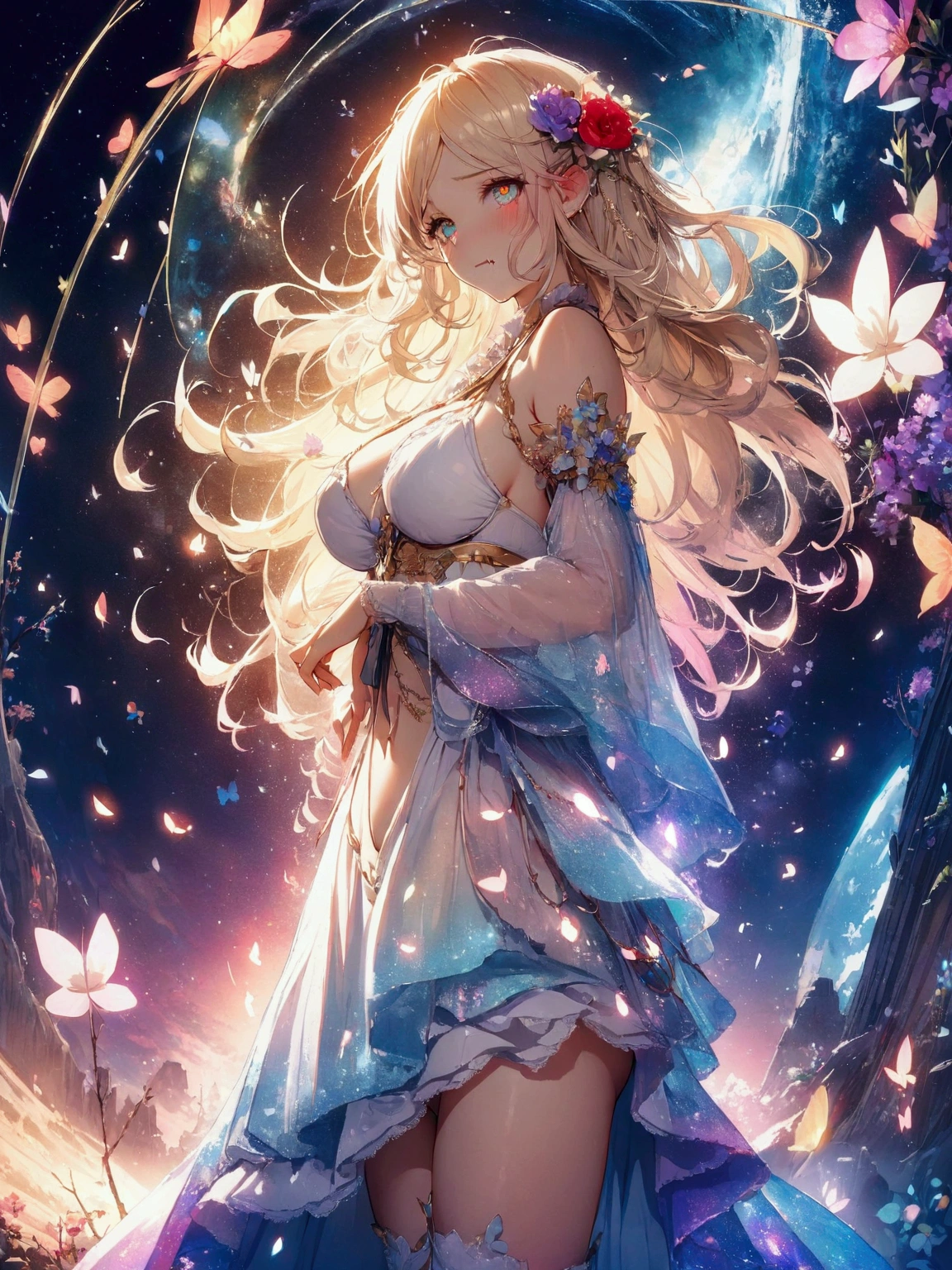 (woman\(student, , ＪＫ, Long Hair, Colorful eyes, Pale skin，) Looking up at the sky), (Many butterflies flying in the sky), Beautiful sky, summer，Colorful flowers are blooming everywhere, Mysterious and dreamy ,Giant Tree，quality\(8K,CG wallpaper, masterpiece,High resolution,top-quality,Surrealism,Increased resolution,RAW Photos,Best quality,Very detailed,Light,Ray Tracing,Golden Ratio),black hair, longeyelashes, solid circle eyes, fake animal ears, ear blush, fang, furrowed brow, annoyed, drop shadow, anaglyph, stereogram, tachi-e, ass pov, atmospheric perspective, アニメ, 8K, super detail, best quality, uhd, textured skin, super detail, 8K