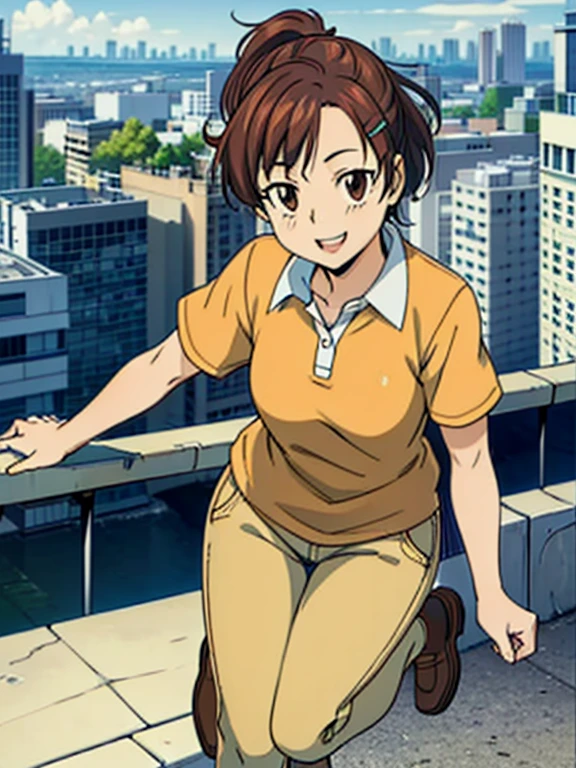 haru1,1girl, (masterpiece, best quality:1.2), Orange polo shirt, Yellow pants Masterpiece, best quality,bangs, brown hair, hair ornament, brown eyes,hairclip, Smiling, (City:1.3), Brown Shoes, 