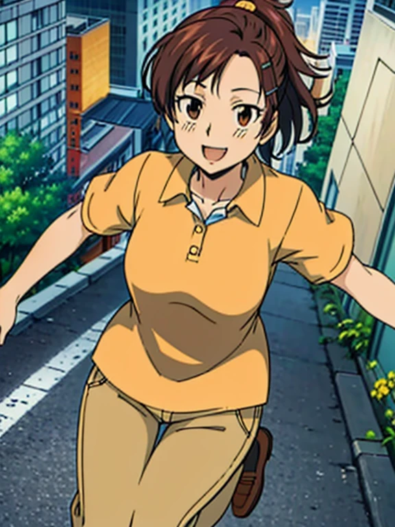 haru1,1girl, (masterpiece, best quality:1.2), Orange polo shirt, Yellow pants Masterpiece, best quality,bangs, brown hair, hair ornament, brown eyes,hairclip, Smiling, (City:1.3), Brown Shoes, 