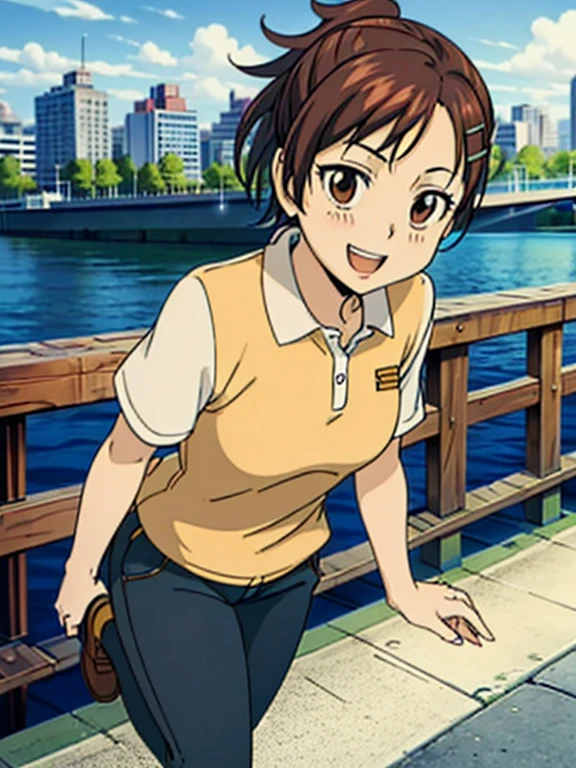 haru1,1girl, (masterpiece, best quality:1.2), Orange polo shirt, Yellow pants Masterpiece, best quality,bangs, brown hair, hair ornament, brown eyes,hairclip, Smiling, (City:1.3), Brown Shoes, 