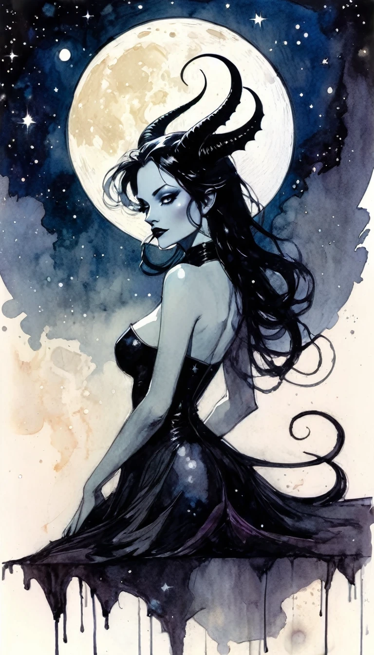 some sexy, dark, queen of hell, loneliness, magic, magic, fantastic, night sky, moon, stars, background, , tmari, sketch, traditional media, pen drawing, white background (art inspired by Bill Sienkiewicz). oil painting)