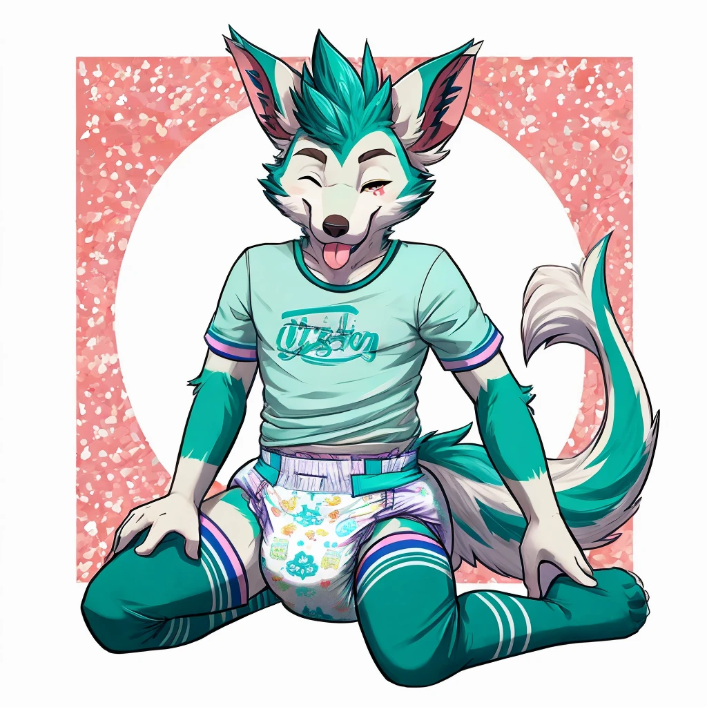 Anthropomorphic male opposum, yellow eyes, twirl tail, fullbody view, solo, on knees, white background, digital art, lifting his shirt, different views, wearing a teal t-shirt and long teal socks with white stripes and a diaper, looking at viewer, one eye closed, tongue out.
