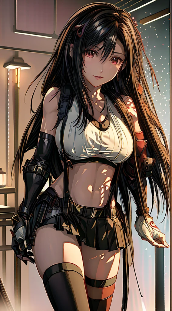 (8k、highest quality、MASTERPIECE:1.2)、(photorealistic:1.3 of 7)、Super Detailed、girl 1 person、mature、solo、(Tifa Lockheart)、(big chest)、(((huge lift clothes to show bra)))、(((black bra)))、(beautiful eyes)、(smiling:1.2)、(Closed)、erotic pose、dance、neons、street scenery、Depth Of Field、Dark and strong shadows、Sharp focus、auto、motion blur、bike、Depth Of Field、composition、Glowing green light、Final Fantasy VII, (nose blush)、Single Elbow Pad、Ankle Boots、dark black hair、toned thighs、red boots、Elbow Gloves、Elbow pads、Fingerless Gloves、Taut Shirt、sports bra、(suspenders), (Black Skirt)、thights、white tank top、All over body、head rest、Lips、Facial、Low Tai Long Hair、(red_Ojo)、Yellow flowers、(night:1.3)、Complex、Bokeh、Cinematic Lighting、Photon mapping、Radiosity、physically based rendering、(Tetsuya Nomura Style)、NSFW、Perfect Breasts