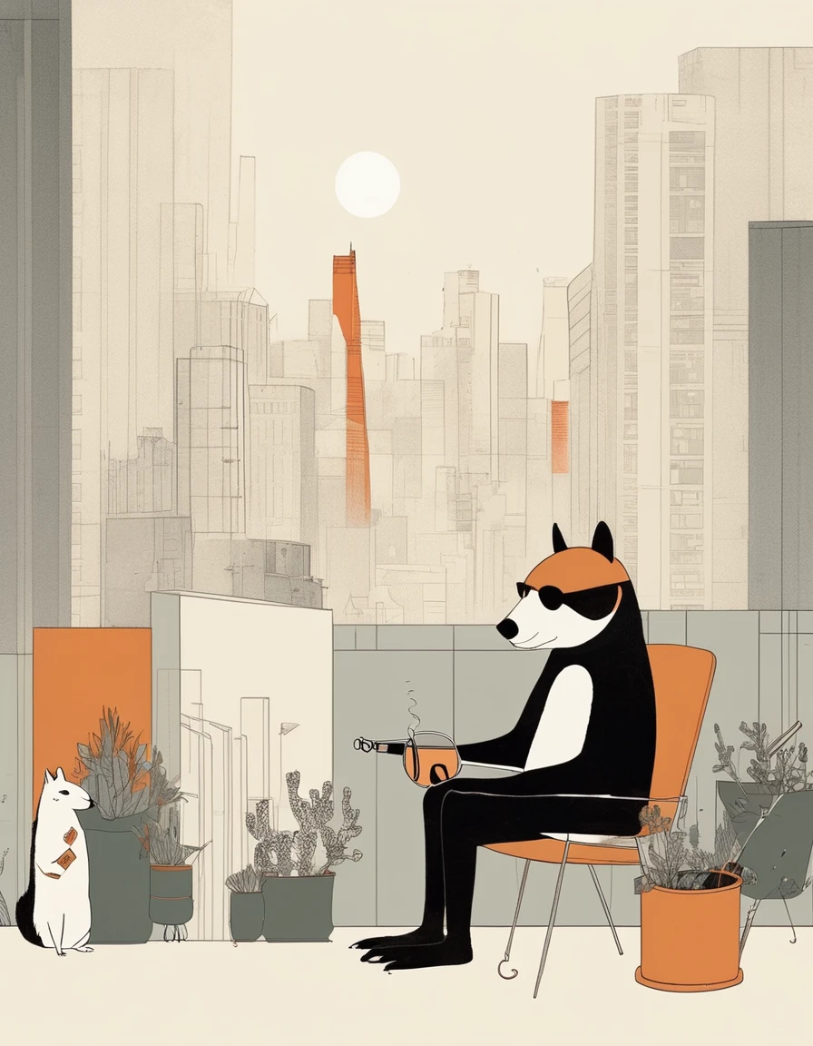 animal-like , sweet,very cute,art by Sophie Roach , art by Jon Klassen , art by Michael Cho , art by Sophie Roach、sunglasses,campimg,smoking,city