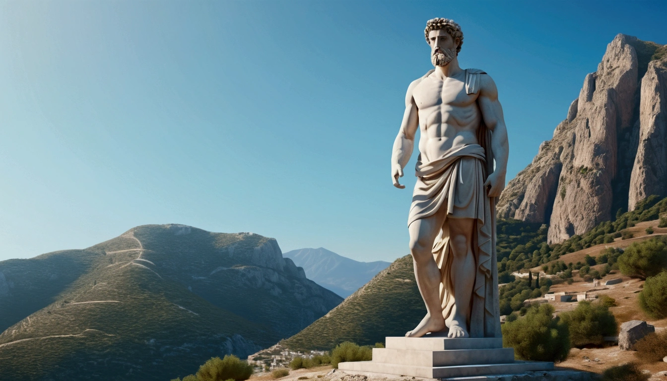 stoic greek statue, standing, fully body, with well defined muscles, contemplating the horizon of a mountain on a sunny morning. ultra realistic 4k image