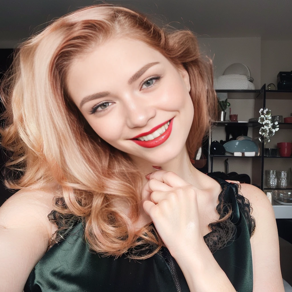 cherry red hair woman with brown eyes and red lipstick posing for a picture, cheeky smile with red lips, beautiful and smiling, perfect smile, pretty smile, beautiful smile, sexy red lips, red lips, thick red lips, inspired by Louisa Matthíasdóttir, beautiful girl, beautiful white teeth, russian woman, lovely smile, small and thick red lips