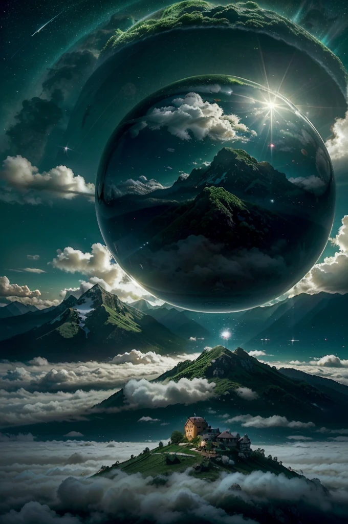 A giant mirror ball floating in space, Flickering Light, Sad hamster died (A tall mountain々A heaven like a green field surrounded by clouds:1.3), Airborne particles, God's Rays, Background Stars, Complex fractals, detailed, (figure), masterpiece, High resolution, Highest quality.