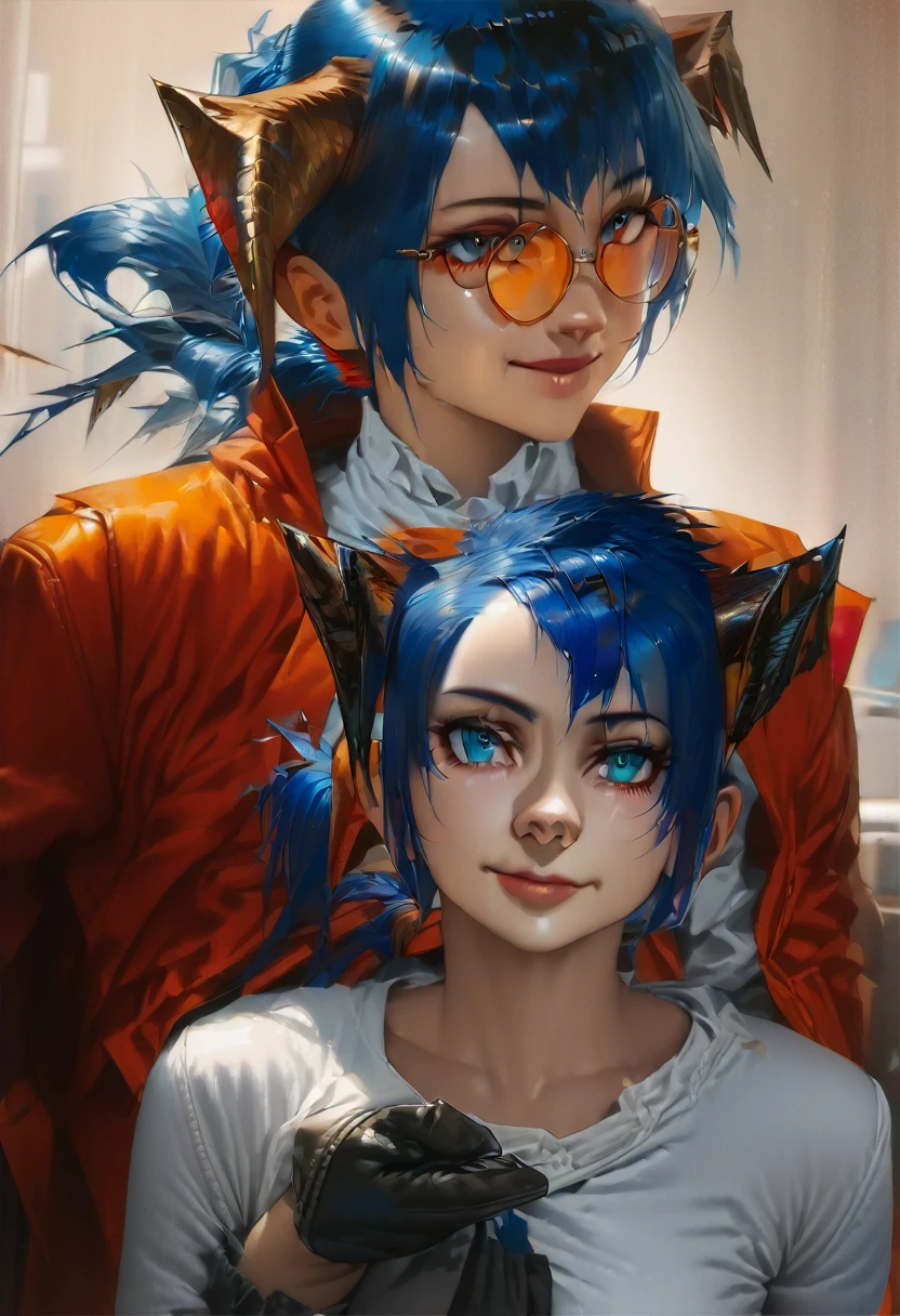 (woman), ((Mostima from arknights)), masterpiece, best quality, blue hair, ((short hair)), ((pony tail hair)), horns, plain white shirt, red fullbody coat, dark blue eyes, realistic anime style, smile, portrait, black gloves, orange glasses.