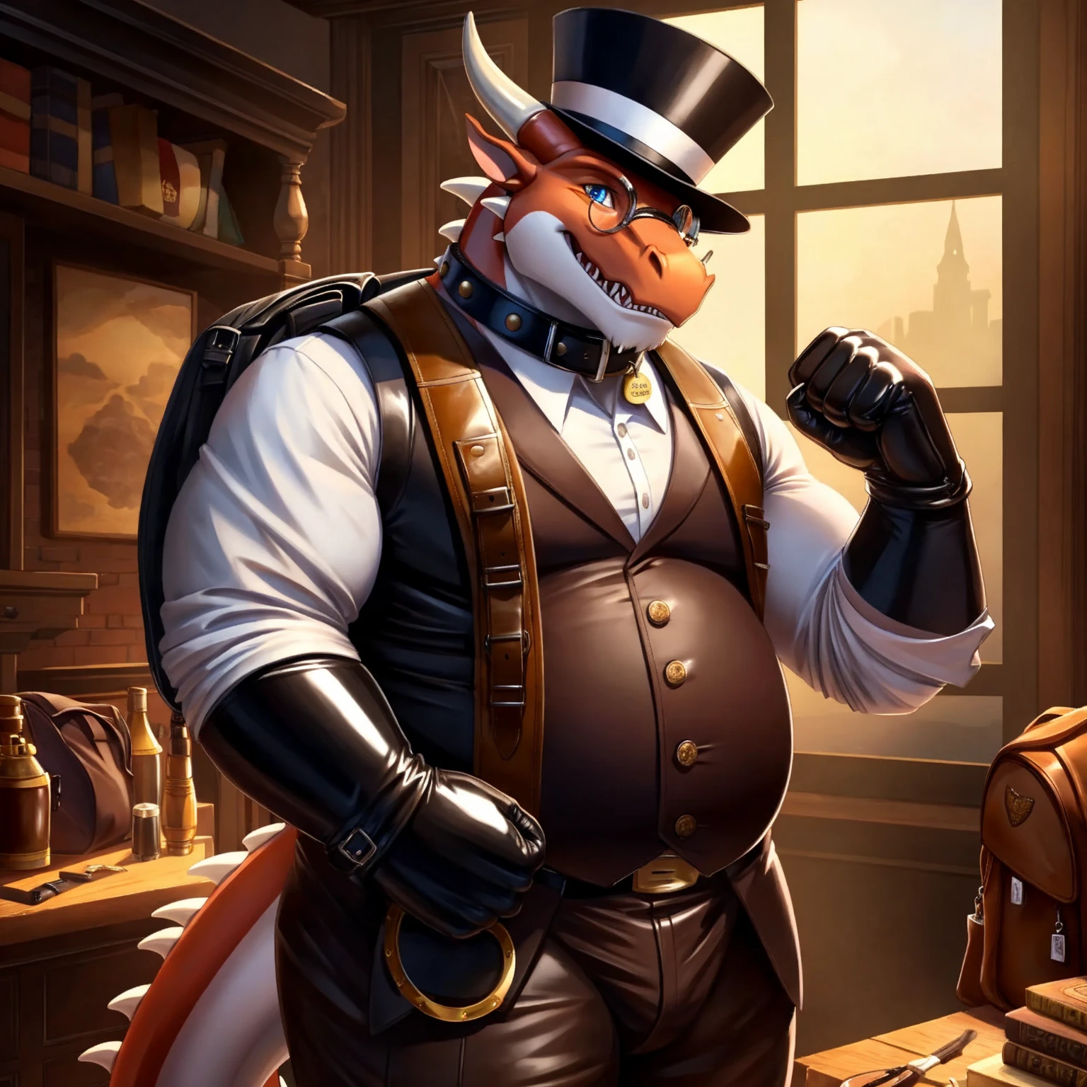 Solo, Male, fat, extremely obese, gentleman, dapper Professor Dragon, blue eyes, (posing:1.3), (soft shading), 4k, hi res, ((detailed face, detailed)), looking at viewer, mouth wide open, steampunk, collared shirt with buttons, top hat, male focus, Explorer Outfit, glasses, monocle, bag, vest with buttons, backpack, sleeves rolled up, round eyewear, brown headwear, brown vest, Dragon is wearing a glossy leather dog collar around the neck, Dragon is wearing the leather collar and shirt and vest at the same time, Dragon is wearing glossy white rubber gloves on the hands, wearing white rubber gloves on the feet, gloves are rubber in texture, clenching teeth, clenching fists, leather collar is glossy and shiny with a lot of detail, Dragon is wearing gloves and leather collar at the same time, leather collar has a round dog-tag, leather collar is thick and detailed.