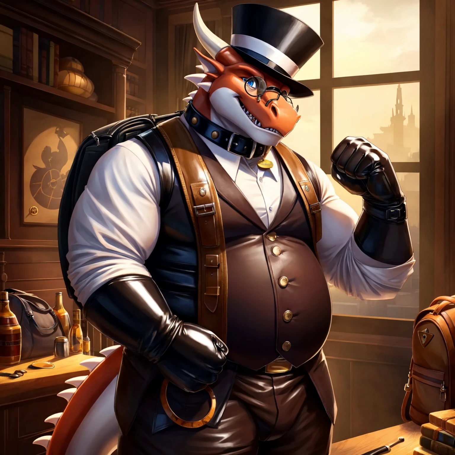 Solo, Male, fat, extremely obese, gentleman, dapper Professor Dragon, blue eyes, (posing:1.3), (soft shading), 4k, hi res, ((detailed face, detailed)), looking at viewer, mouth wide open, steampunk, collared shirt with buttons, top hat, male focus, Explorer Outfit, glasses, monocle, bag, vest with buttons, backpack, sleeves rolled up, round eyewear, brown headwear, brown vest, Dragon is wearing a glossy leather dog collar around the neck, Dragon is wearing the leather collar and shirt and vest at the same time, Dragon is wearing glossy white rubber gloves on the hands, wearing white rubber gloves on the feet, gloves are rubber in texture, clenching teeth, clenching fists, leather collar is glossy and shiny with a lot of detail, Dragon is wearing gloves and leather collar at the same time, leather collar has a round dog-tag, leather collar is thick and detailed.