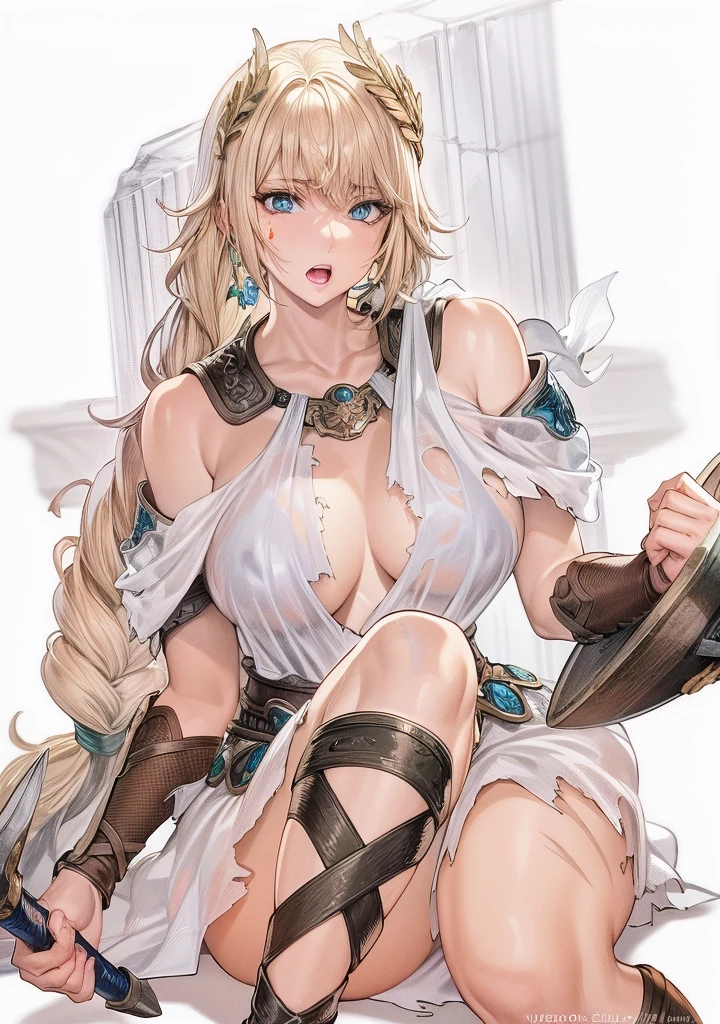 perfect eyes:1.2, detailed eyes:1.4, SoulCaliburSophitia, blue eyes, blonde hair, large breasts, hair ornament, open mouth, scars, scratches, torn clothes, covered nipples, transparent clothes, see through, white dress, long hair, shield, sword, braided ponytail, 1girl, solo, (masterpiece:1.6, best quality), 8k, insane details, intricate details, hyperdetailed, hyper quality, high detail, ultra detailed, professional, HDR, ray tracing reflection, cinematic lighting,