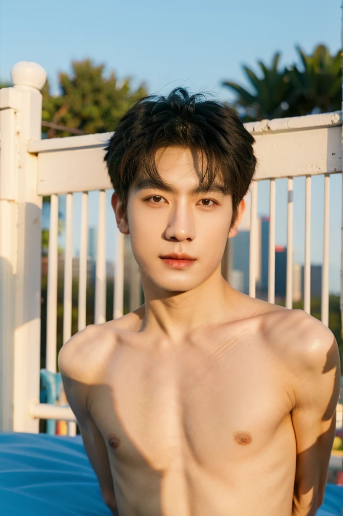 ultra high resolution,tmasterpiece, (Realism:1.4, RAW photos, asian, china boy, Bust photo, 1 boy, Solitary, topless, muscle, wear white jockstrap underwaer, (jockstrap), thong,bedroom, on the bed,Male focus,sky空, outdoor, sky, Practical, Whole body, show abs, facelight