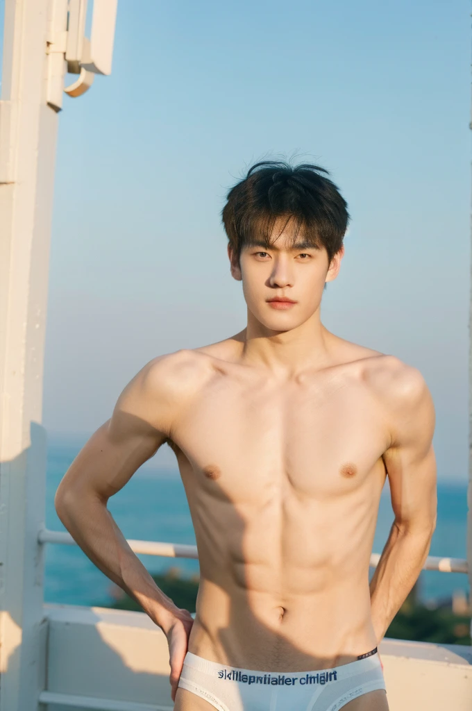 ultra high resolution,tmasterpiece, (Realism:1.4, RAW photos, asian, china boy, Bust photo, 1 boy, Solitary, topless, muscle, wear white jockstrap underwaer, (jockstrap), thong,bedroom, on the bed,Male focus,sky空, outdoor, sky, Practical, Whole body, show abs, facelight