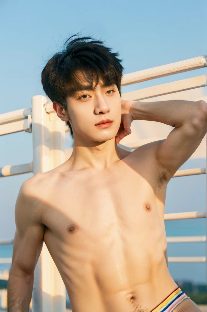 ultra high resolution,tmasterpiece, (Realism:1.4, RAW photos, asian, china boy, Bust photo, 1 boy, Solitary, topless, muscle, wear white jockstrap underwaer, (jockstrap), thong,bedroom, on the bed,Male focus,sky空, outdoor, sky, Practical, Whole body, show abs, facelight