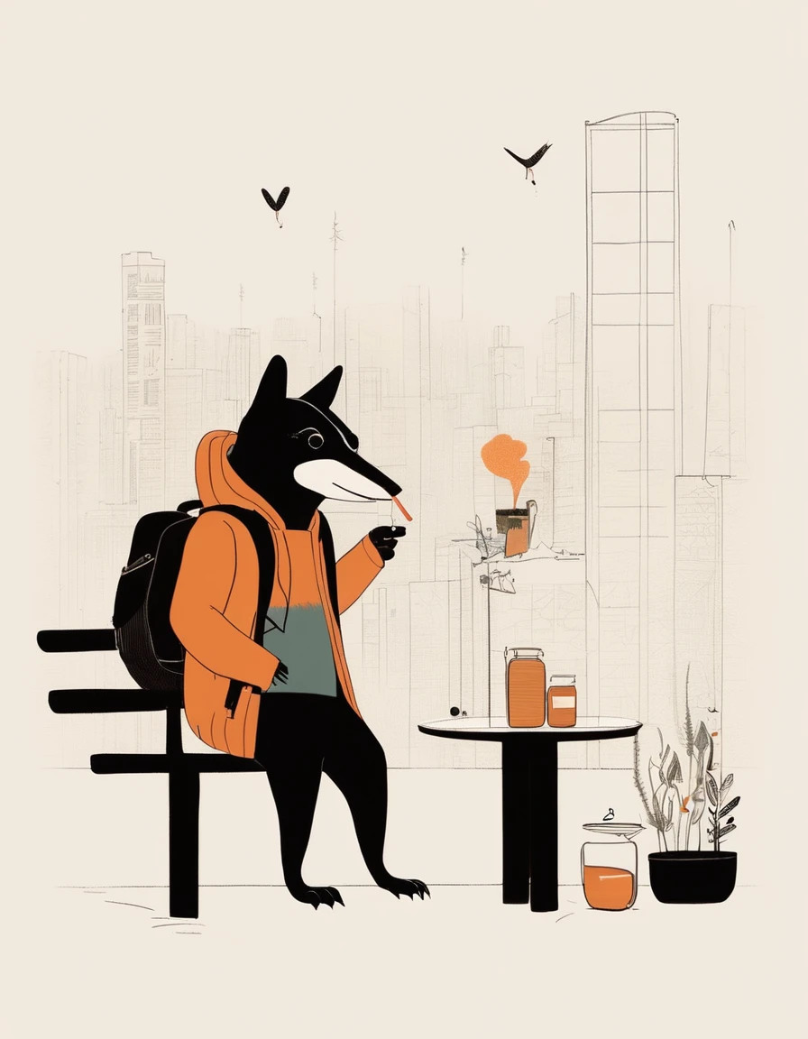 animal-like , sweet,very cute,art by Sophie Roach , art by Jon Klassen , art by Michael Cho , art by Sophie Roach、sunglasses,campimg,smoking,city