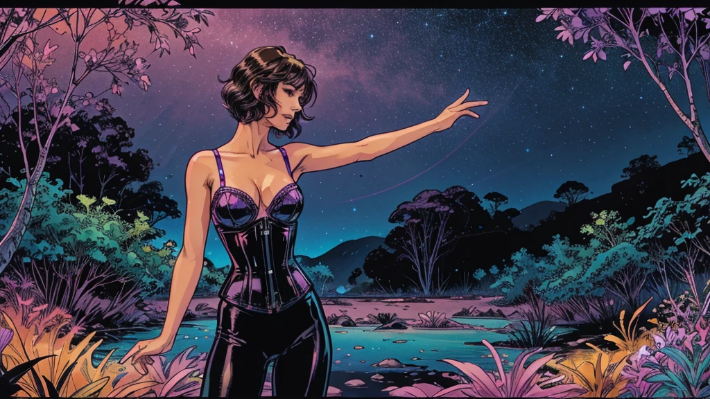 A photorealistic cute, slender aerobics instructor with very short brown hair, very short brown hair, very short brown hair, very short brown hair, brown eyes, and dimples, standing confidently in a fantastical landscape. She's wearing a tight, black, latex corset. The background features floating islands covered in bioluminescent plants, cascading waterfalls of rainbow colors, and giant crystalline structures that refract light. Vibrant colors include deep purples, electric blues, neon pinks, and shimmering golds. The lighting is ethereal, with a soft glow emanating from the plants and crystals. Broad strokes of bright, contrasting colors sweep across the sky, reminiscent of an abstract painting - vibrant oranges, lime greens, and vivid magentas create a striking contrast against the fantastical elements.
