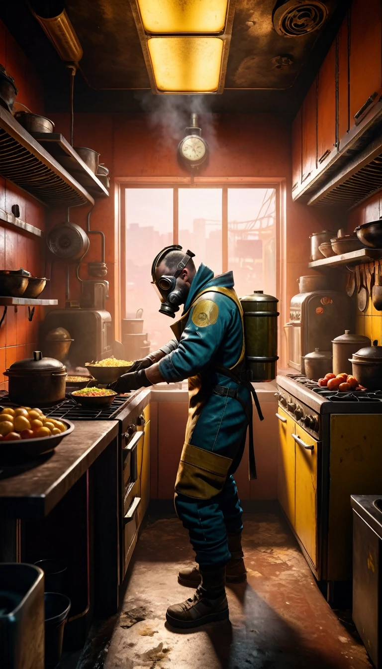 a man in a gas mask preparing food in a cyberpunk style kitchen, fallout 4 screenshot, cyberpunk 2077, fallout concept art, apocalyptic, intricate details, cinematic lighting, moody atmosphere, gritty textures, warm color palette, volumetric fog, hyper-realistic, 8k, photo-realistic, masterpiece