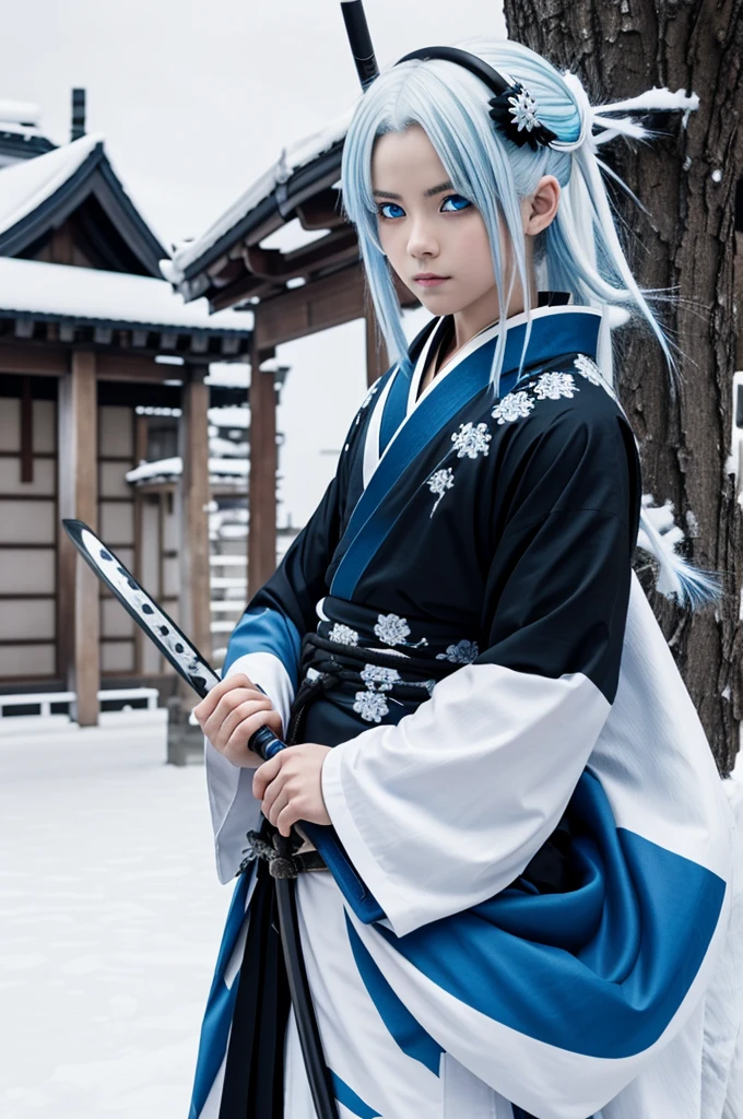 anime, demon slayer, white haired girl with blue highlights, blue eyes, He wears a white and black kimono and a blue katana., black and white with a haori with snow designs