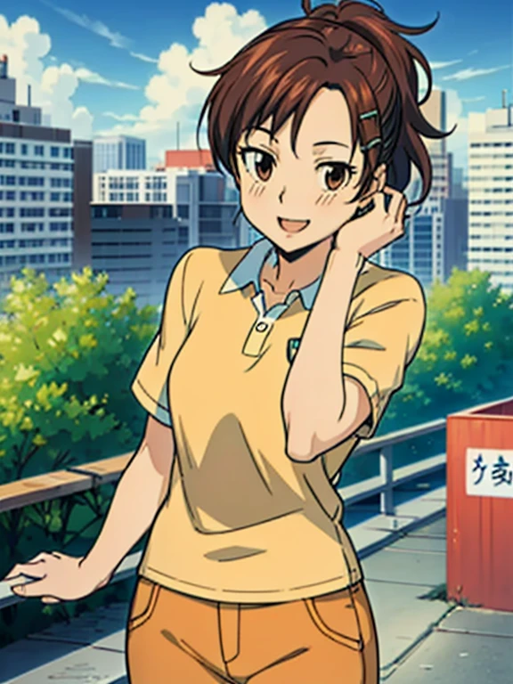 haru1,1girl, (masterpiece, best quality:1.2), Orange polo shirt, Yellow pants Masterpiece, best quality,bangs, brown hair, hair ornament, brown eyes,hairclip, Smiling, (City:1.3), standing