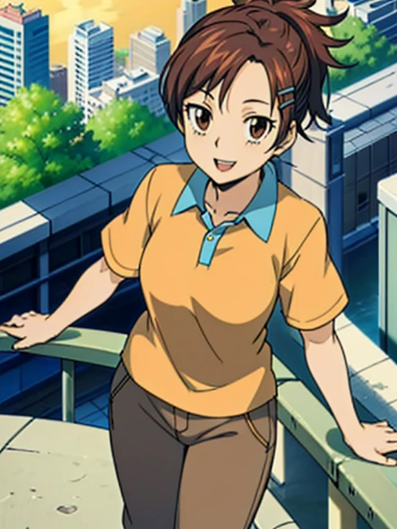 haru1,1girl, (masterpiece, best quality:1.2), Orange polo shirt, Yellow pants Masterpiece, best quality,bangs, brown hair, hair ornament, brown eyes,hairclip, Smiling, (City:1.3), standing