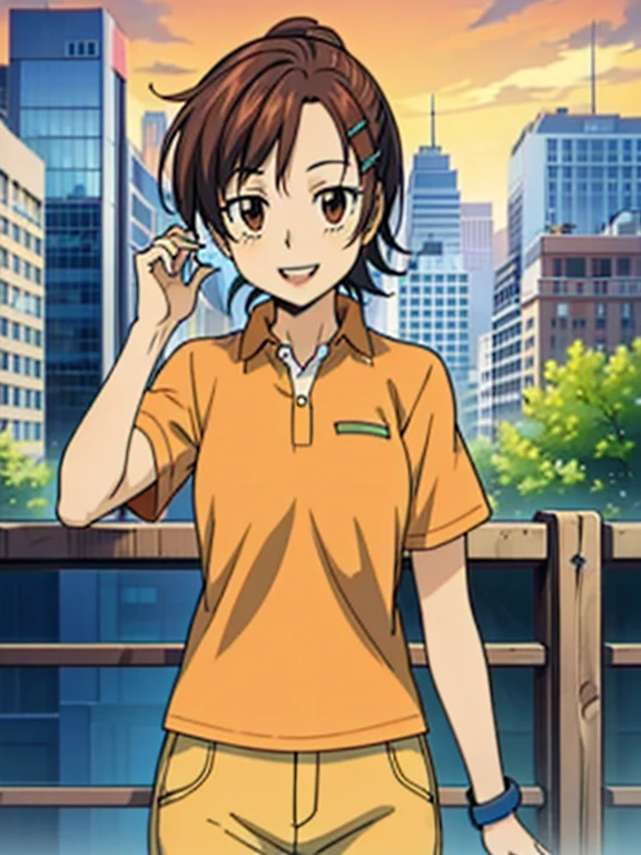 haru1,1girl, (masterpiece, best quality:1.2), Orange polo shirt, Yellow pants Masterpiece, best quality,bangs, brown hair, hair ornament, brown eyes,hairclip, Smiling, (City:1.3), standing