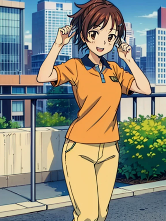 haru1,1girl, (masterpiece, best quality:1.2), Orange polo shirt, Yellow pants Masterpiece, best quality,bangs, brown hair, hair ornament, brown eyes,hairclip, Smiling, (City:1.3), standing