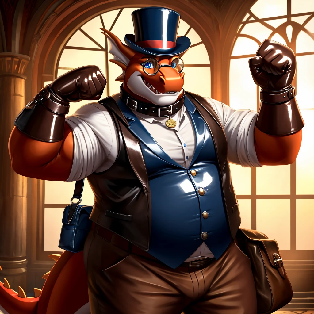 Solo, Male, fat, extremely obese, gentleman, dapper Professor Dragon, blue eyes, (posing:1.3), (soft shading), 4k, hi res, ((detailed face, detailed)), looking at viewer, mouth wide open, steampunk, collared shirt with buttons, top hat, male focus, Explorer Outfit, glasses, monocle, bag, vest with buttons, backpack, sleeves rolled up, round eyewear, brown headwear, brown vest, Dragon is wearing a glossy leather dog collar around the neck, Dragon is wearing the leather collar and shirt and vest at the same time, Dragon is wearing glossy white rubber gloves on the hands, wearing white rubber gloves on the feet, gloves are rubber in texture, clenching teeth, clenching fists, leather collar is glossy and shiny with a lot of detail, Dragon is wearing gloves and leather collar at the same time, leather collar has a round dog-tag, leather collar is thick and detailed.