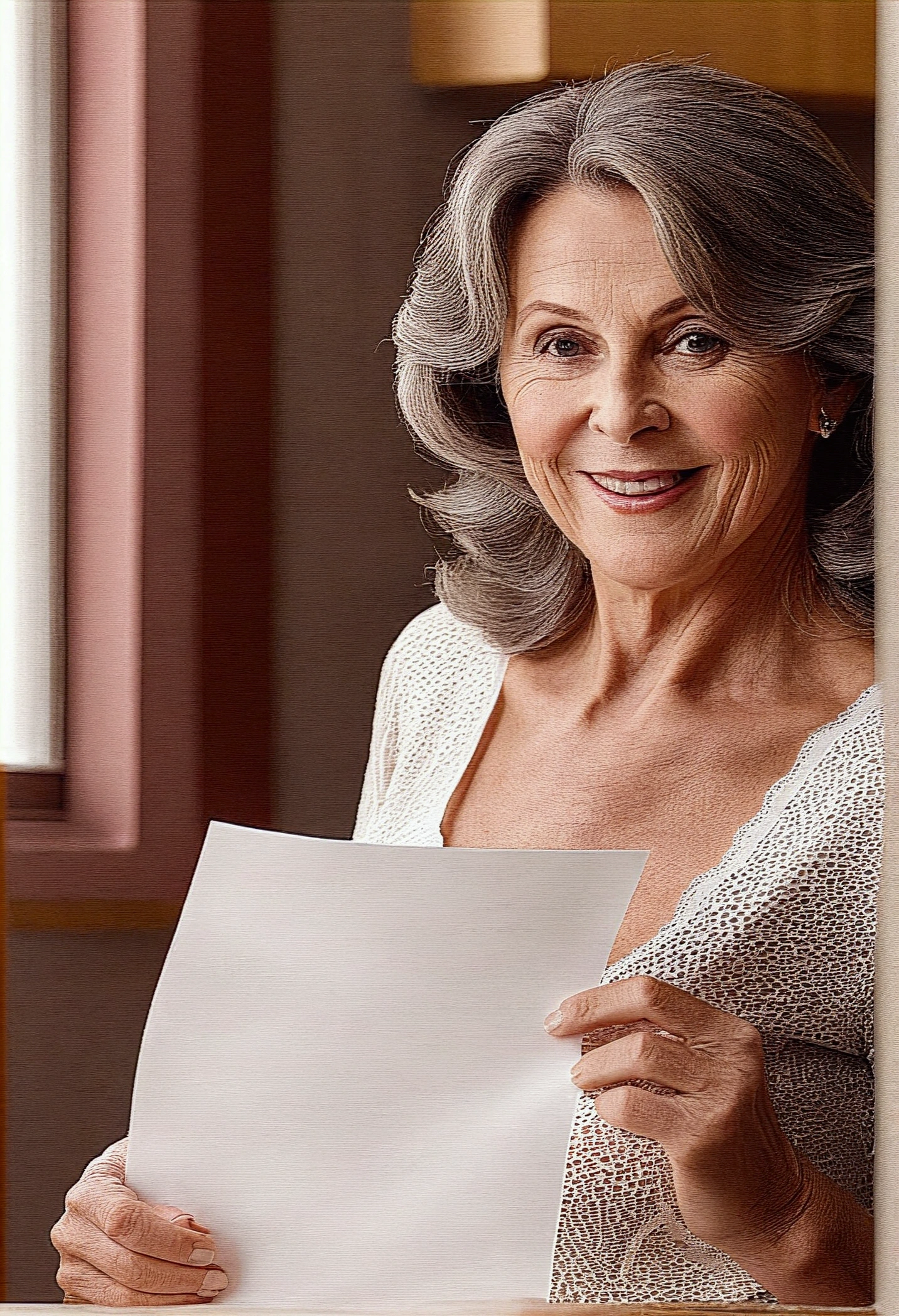 adult woman 50 years old, holds a white sheet of paper in his hands and shows it to the camera, with firm breasts, standing in the kitchen, smiling, looking at the camera