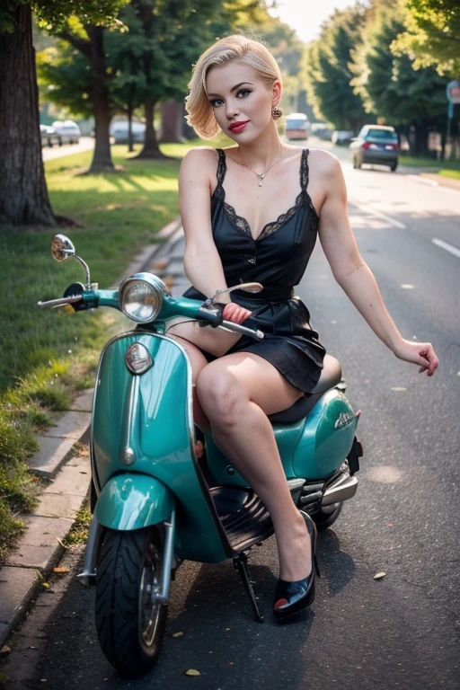 Beautiful young woman sitting on the ground next to a scooter on a road, chica sexy, girl pin up, pin up, pin up, pin up, pin up, cute woman, pin up model, pin up girl, pin up poster girl, beautiful lady, pin up style, Anna Nikonova aka Newmilky, pin up girl, very attractive and beautiful, A very nice photo