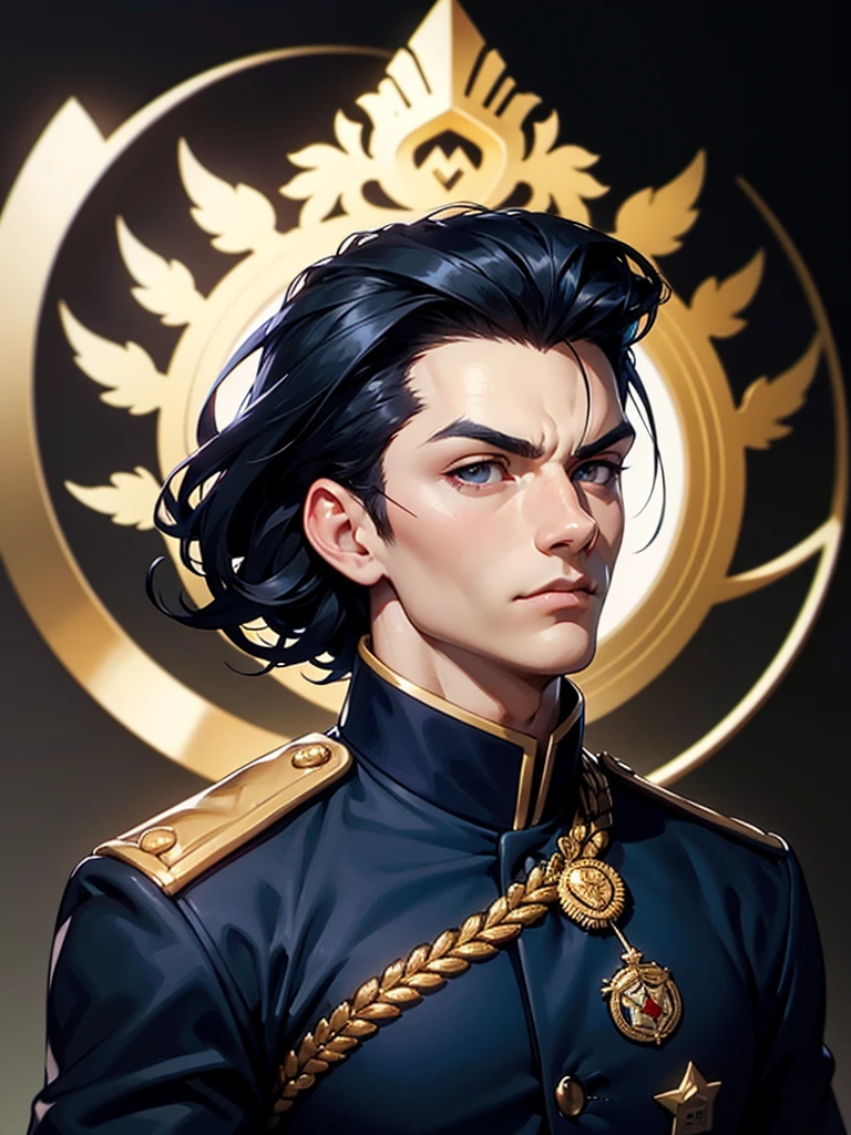 ((Portrait)), He has a Elegant, Black-Haired Appearance, with a Serious and Authoritative Aura. He has a Well-Built, Athletic Build, Exuding Strength and Confidence. His Light Gray Eyes Convey a Sense of Responsibility and Focus. His Short, Tousled Black Hair Adds a Slightly Casual Touch to His Otherwise Disciplined Look. He Wears a Navy Blue Uniform with Golden Epaulettes and Various Badges, Indicating His High Rank and Experience. His Outfit is Neatly Pressed, with Rolled-Up Sleeves, Reflecting His Readiness and Commitment to Duty in an Urban Environment. ((Portrait, HDR, Dark Background))
