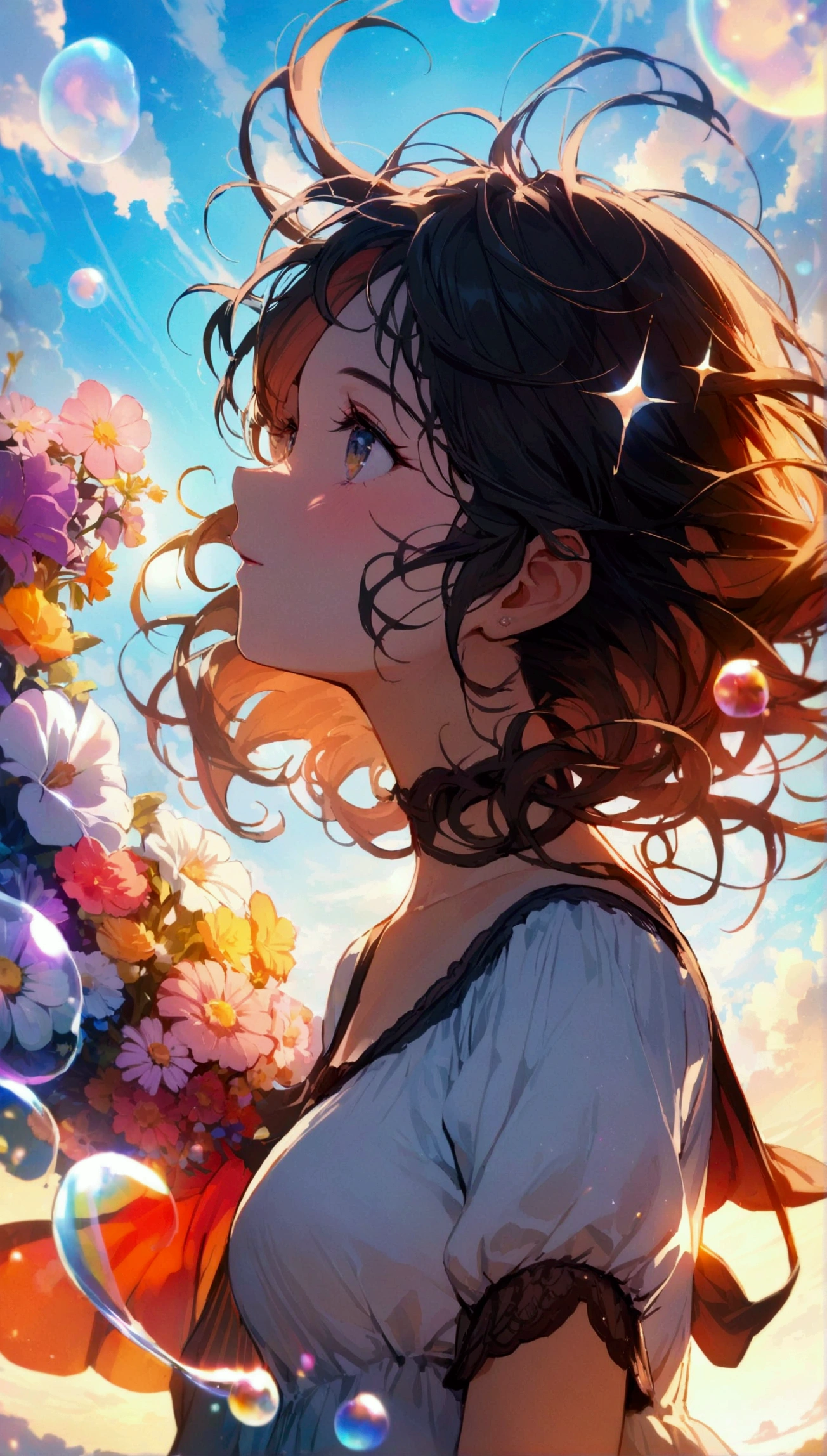 ＪＫ,Flowing Hair,Beautiful sky, Beautiful Clouds, summer，Colorful flowers, (Transparent bubbles sparkle in the sky), masterpiece,High resolution,Wide-angle lens