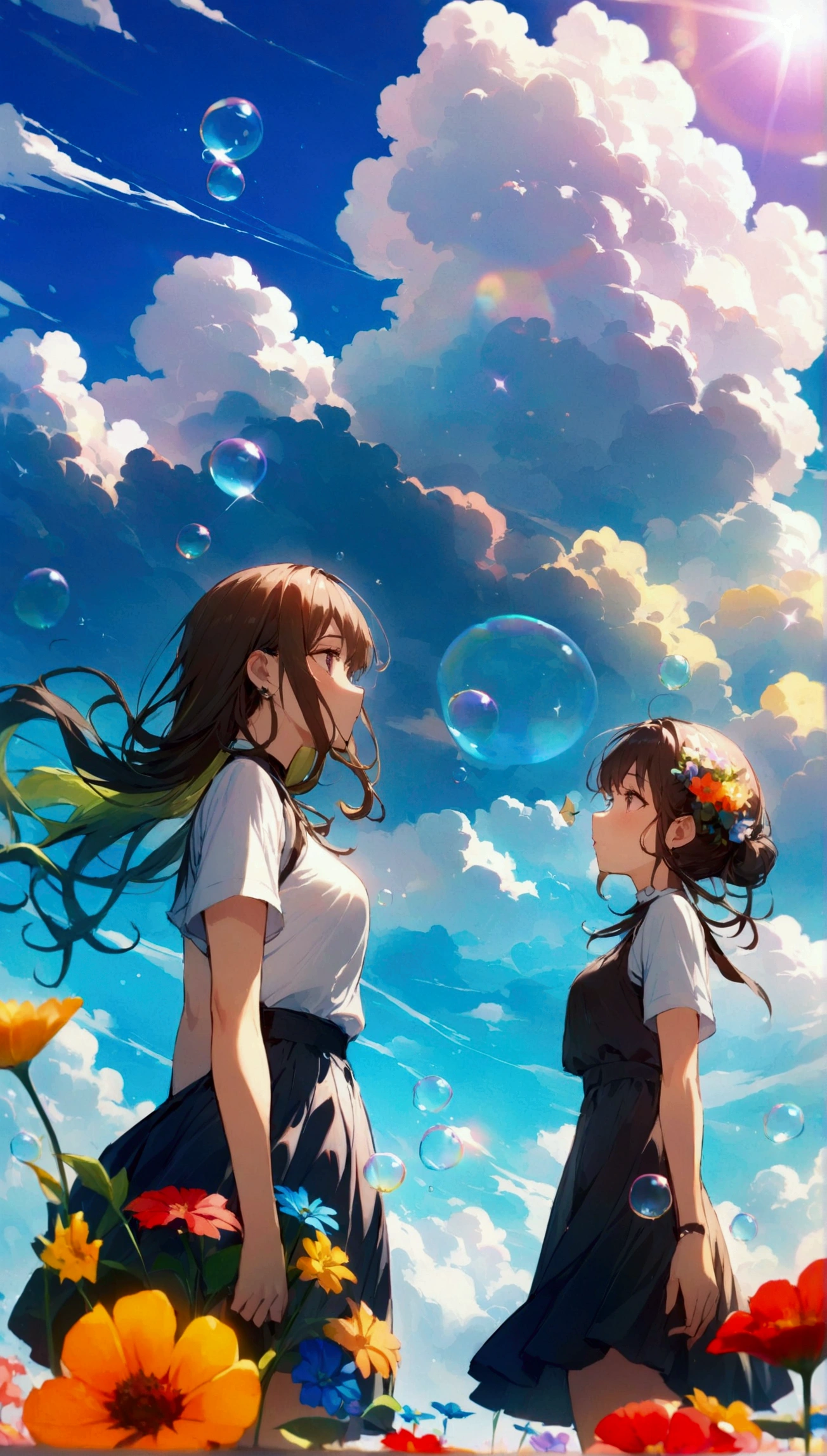 JK,Flowing Hair,Beautiful sky, Beautiful Clouds, summer,Colorful flowers, (Transparent bubbles sparkle in the sky), masterpiece,High resolution,Wide-angle lens