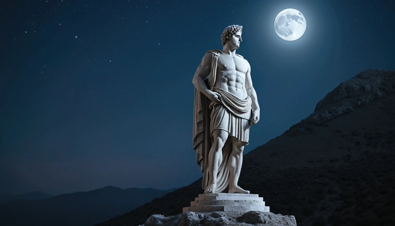 stoic greek statue, standing, fully body, with well defined muscles, contemplating the horizon of a mountain on a moonlit night. ultra realistic 4k image