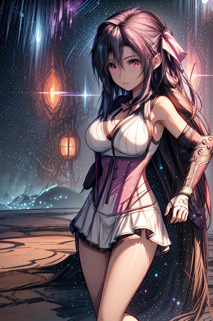 (8K HDR photorealistic pic:1.2), Tifa Lockhart, muscular, athletic, cheerful, toned body, (massive breasts), hourglass figure, fighter, long dark hair tied with ribbon at the end, ((Aerith costume, white dress, pink jacket)), seductive, red eyes, soft shadows, (masterpiece), Starry Sky with Mountains and Lake, Inspired by Jessica Rossier, Jessica Rossier Fantasy Art, Concept Art Magic Highlights, Official Artwork, ((hyperrealistic)), Ethereal Realm, Atmospheric artwork, dreamy matte paintings, serene endless stars inspired by Ted Nasmith, moonlit starry environments, epic music album covers.