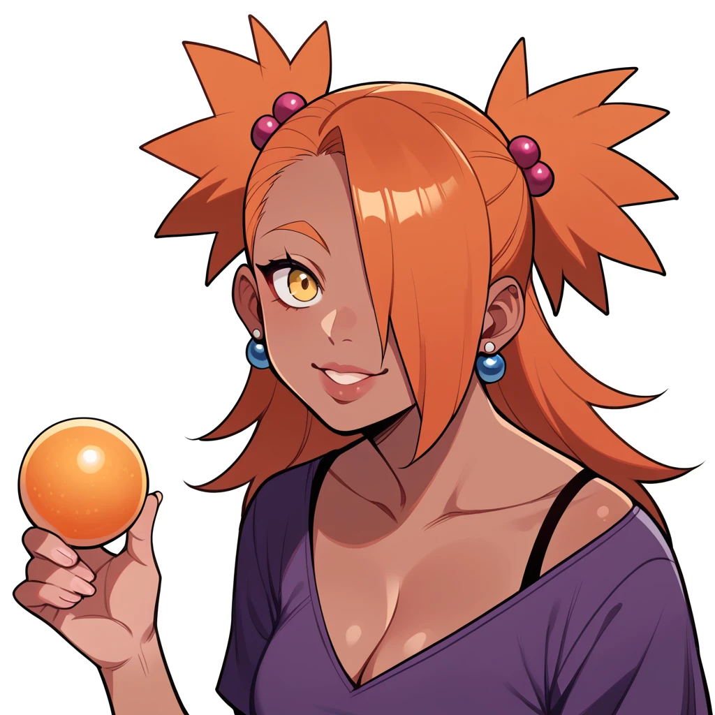 score_9, score_8_up, score_7_up, score_6_up, score_5_up, score_4_up, source_anime, rating_safe, BREAK chouchou akimichi,1girl,dark-skinned female,orange hair,hair over one eye,two side up,long hair,yellow eyes,hair bobbles,jewelry,earrings,big breats,cleavage,dark purple kimono shirt